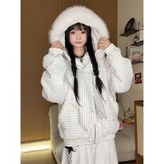 批发奶呼呼绑带小狗条纹毛领棉服女冬季宽松韩系<b class='q'>甜美</b>加厚保暖连帽外套