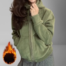 批发加绒加厚双面奥粒绒秋冬季连帽外套百搭休闲时尚<b class='q'>开衫</b>保暖修身<b class='q'>卫衣</b>