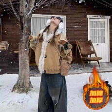 批发呆呆文冬季美式复古短款加厚麂皮仿羊羔毛棉服棉袄加厚外套上衣女