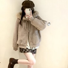 批发蝴蝶结绑带毛领连帽2025毛呢加棉外套女冬季加厚高级感棉服冬装