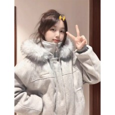 批发灰色大毛领连帽棉服男女款冬季美式复古毛呢保暖立领外套短款<b class='q'>棉衣</b>