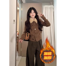 批发2025韩系咖色短款毛呢外套<b class='q'>女</b>冬季加棉加厚套装巨好看毛领呢子