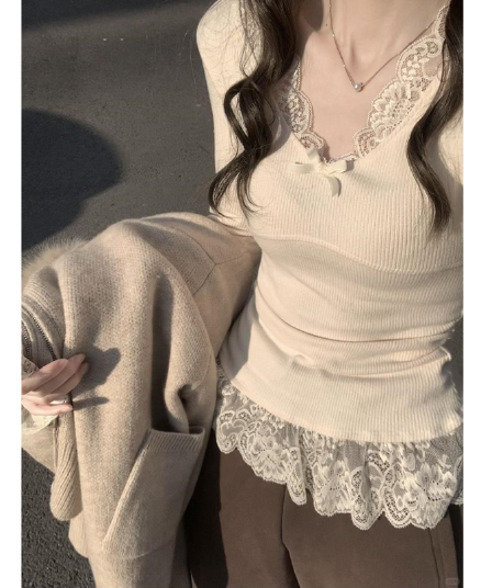 순수한 욕망 바람 나비 매듭 디자인 센스 긴팔 티셔츠 여성 봄 가을 bm 바람 레이스 레이스 몸매 가꾸기 인사이드 가져 가라. 보온 맨위