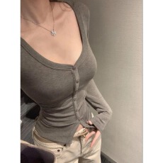 批发纯欲性感大v领纽扣长袖T恤女秋冬韩系修身显瘦内搭打底衫<b class='q'>短款</b>上衣