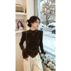 批发韩国绒有肩垫 秋冬新款正肩圆领长袖恤<b class='q'>女装</b>不规则内搭打底衫上衣