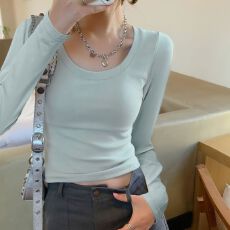批发秋冬季新款韩版低圆领纯棉正肩<b class='q'>短款</b>上衣内搭长袖T恤打底衫女