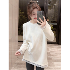批发蕾丝拼接圆领长袖t恤女2026新款春秋季磨毛白色<b class='q'>打底衫</b>中长款上衣