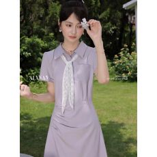 白棠雾黎法式气质polo领紫色连衣裙女夏季收腰衬衫裙子