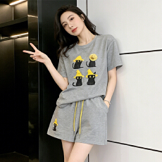 批发夏季洋气减龄休闲运动套装女俏皮可爱灰色短袖T恤短裤两件套