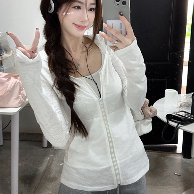 경관 그림 봄 가을 한국 스타일 순수한 욕망 후드 주머니 다용도 단색 대나무 마디 면 지퍼 긴팔 카디건 코트 자외선 차단