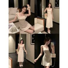 批发显瘦收腰波点小飞袖方领连衣裙女夏季新款气质长短款裙子