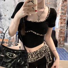 批发官图实价 仿棉螺纹 夏显身材豹纹短款t恤上衣+绑带短裤两件套装