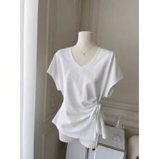 批发纯棉绑带设计感小众V领短袖T恤女夏季韩版内搭外穿<b class='q'>打底</b>衫收腰<b class='q'>上衣</b>