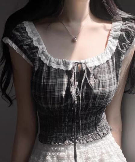 한국 chic 여름 연령 감소 레트로 작은 대중 디자인 센스 품격 패션 펌프 로프 네클라인 몸매 가꾸기 반팔 여성 셔츠