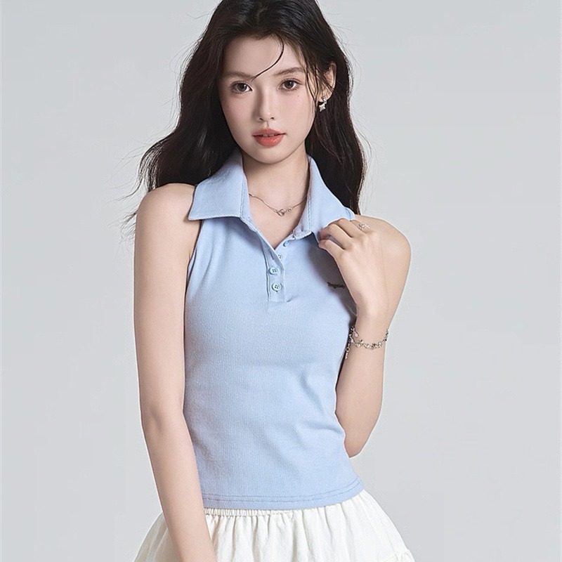 원본 품질 순수한 욕망 바람 핫걸 오프숄더 POLO 칼라 민소매 조끼 작은 키 몸매 가꾸기 맨위 여름
