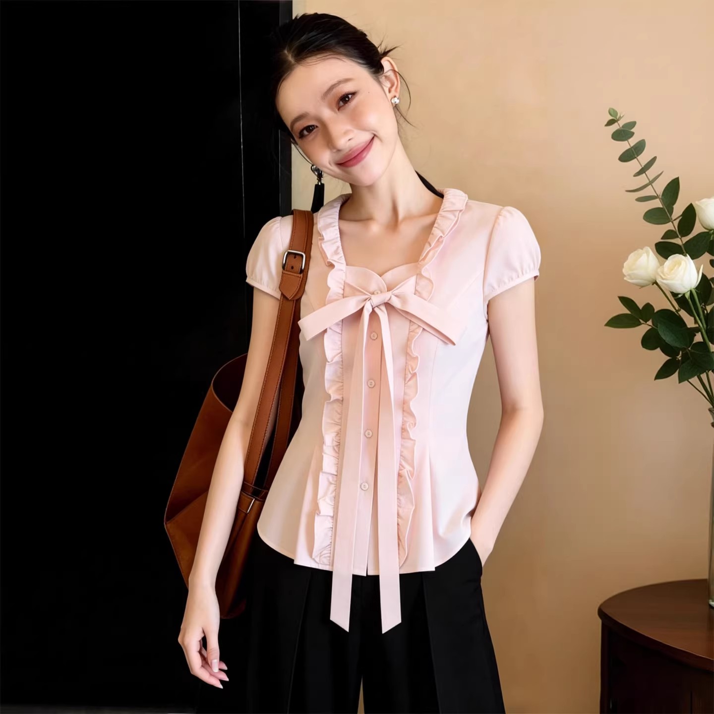 RY3154# 韩系甜美蝴蝶结泡泡袖衬衫女2026夏季新款显瘦百搭木耳边上...