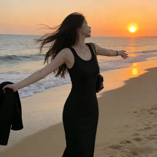 官图 实价92棉/8氨纶40支210g纯棉 灰色背心连衣裙女夏季