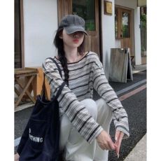 批发【原版色织条】撞色条纹圆领长袖T恤<b class='q'>女</b>夏薄款防晒罩衫早秋空调衫