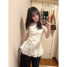 批发【40支棉1*1奥代尔220克拼接原版全棉花边】韩系气质上衣潮