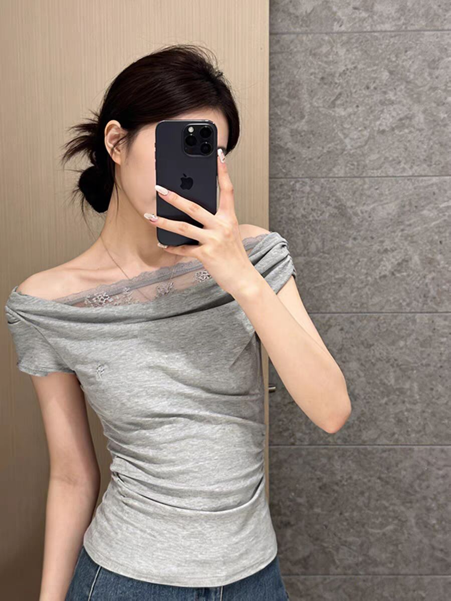 RY3157# 人棉拼接蕾丝+刺绣韩系蕾丝拼接气质短袖女