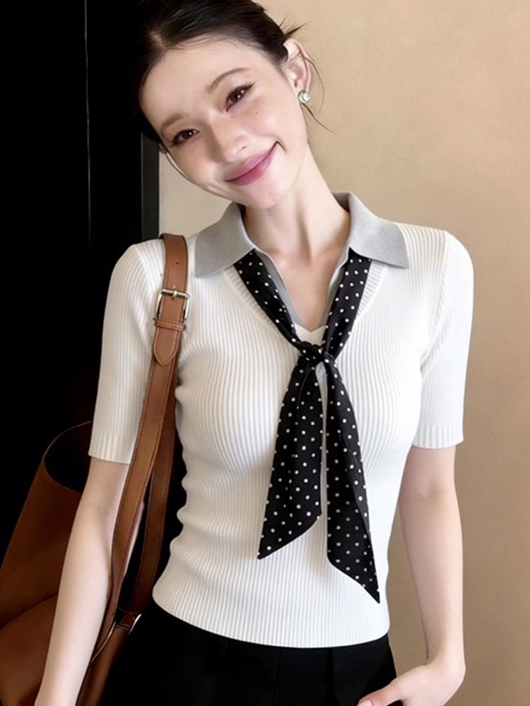 한 부서 화이트 폴로 칼라 POLO 셔츠 니트 얼음 실크 반팔 여성 여름 작은 키 긍정적 인 어깨 몸매 가꾸기 쇼트 스타일 맨위