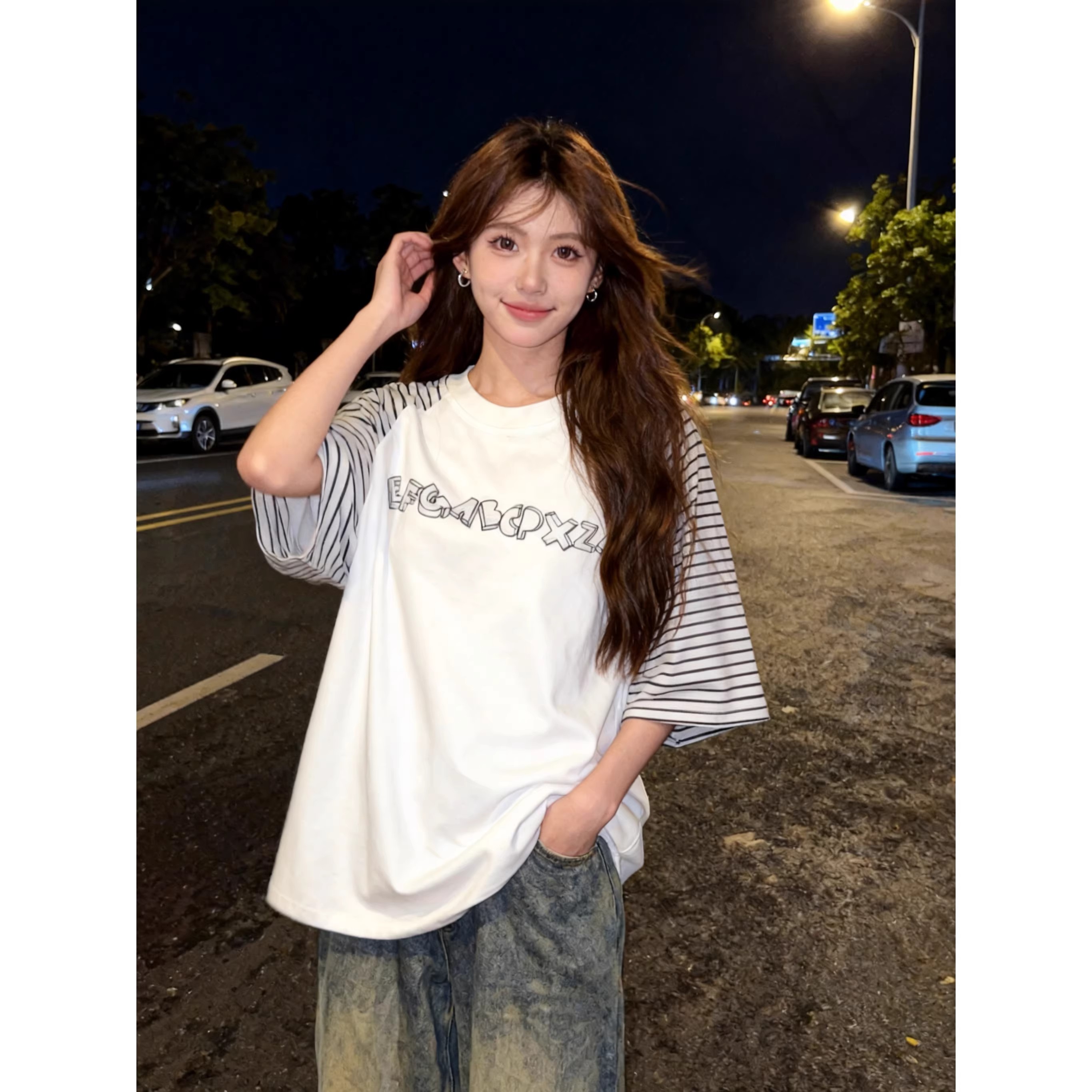 한 부서 220 그램 순면 스트라이프 삽입 어깨 소매 스트라이프 삽입 어깨 반팔 티셔츠 여성