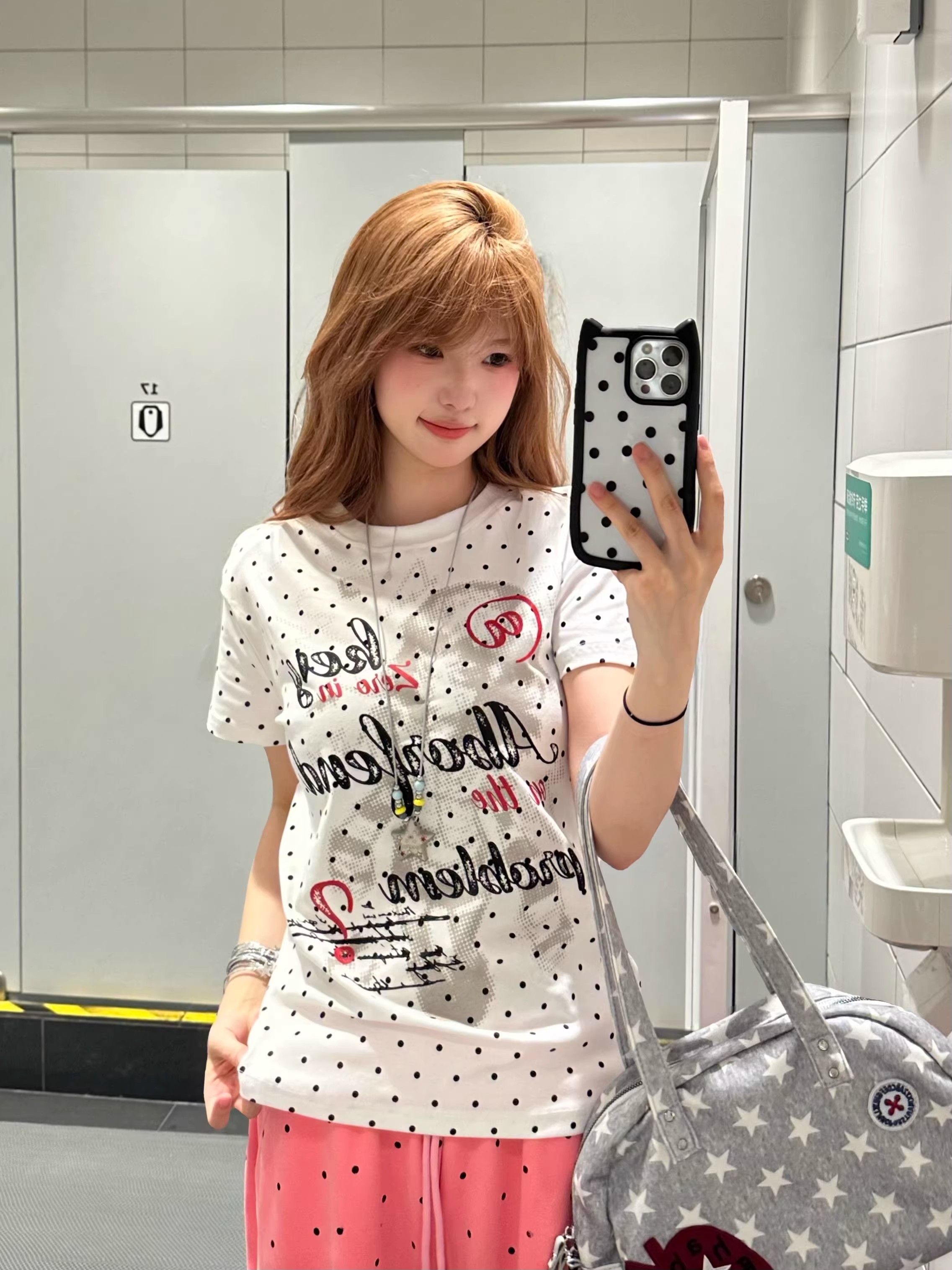 40 220 그램 빗질하다 92 면 8 암모니아 Lun 이후 패키지 칼라 몸매 가꾸기 슬림해 보이는 긍정적 인 어깨 반팔 티셔츠 여성 도트 무늬