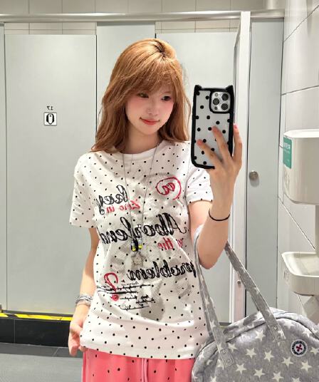 40 220 그램 빗질하다 92 면 8 암모니아 Lun 이후 패키지 칼라 몸매 가꾸기 슬림해 보이는 긍정적 인 어깨 반팔 티셔츠 여성 도트 무늬