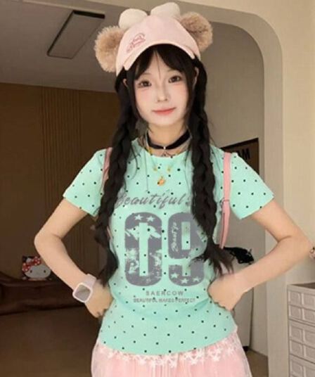 40 210 그램 빗질하다 92 면 8 암모니아 Lun 이후 패키지 칼라 몸매 가꾸기 긍정적 인 어깨 반팔 티셔츠 여성 여름 도트 무늬