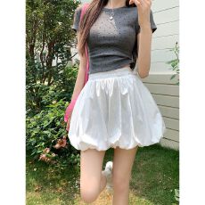 批发设计感花苞裙裤女高腰显瘦蓬蓬裙小个子时尚百搭白色短裙夏季