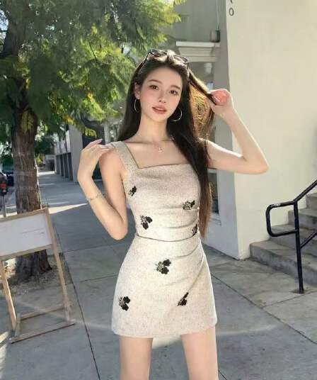 프랑스식 레트로 프린트 광장 칼라 슬립 여성 드레스 고급 센스 꼬집기 허리 슬림해 보이는 짧은 치마 여름 새로운