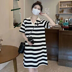 批发<b class='q'>条纹</b>连衣<b class='q'>裙</b>女2026新款夏装爆款宽松显瘦polo领小个子中长款t恤<b class='q'>裙</b>
