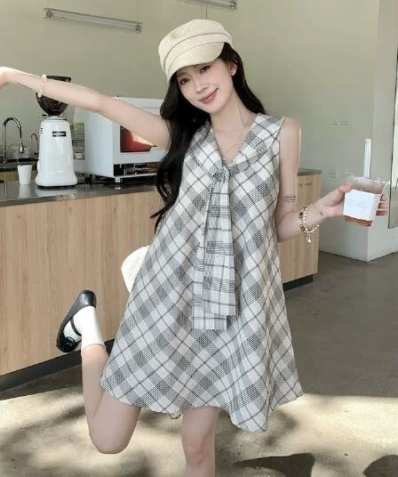 학원 스타일 체크무늬 레이스업 여성 드레스 2026 여름 새로운 슬림해 보이는 연령 감소 해군 칼라 작은 대중 조끼 미니 스커트