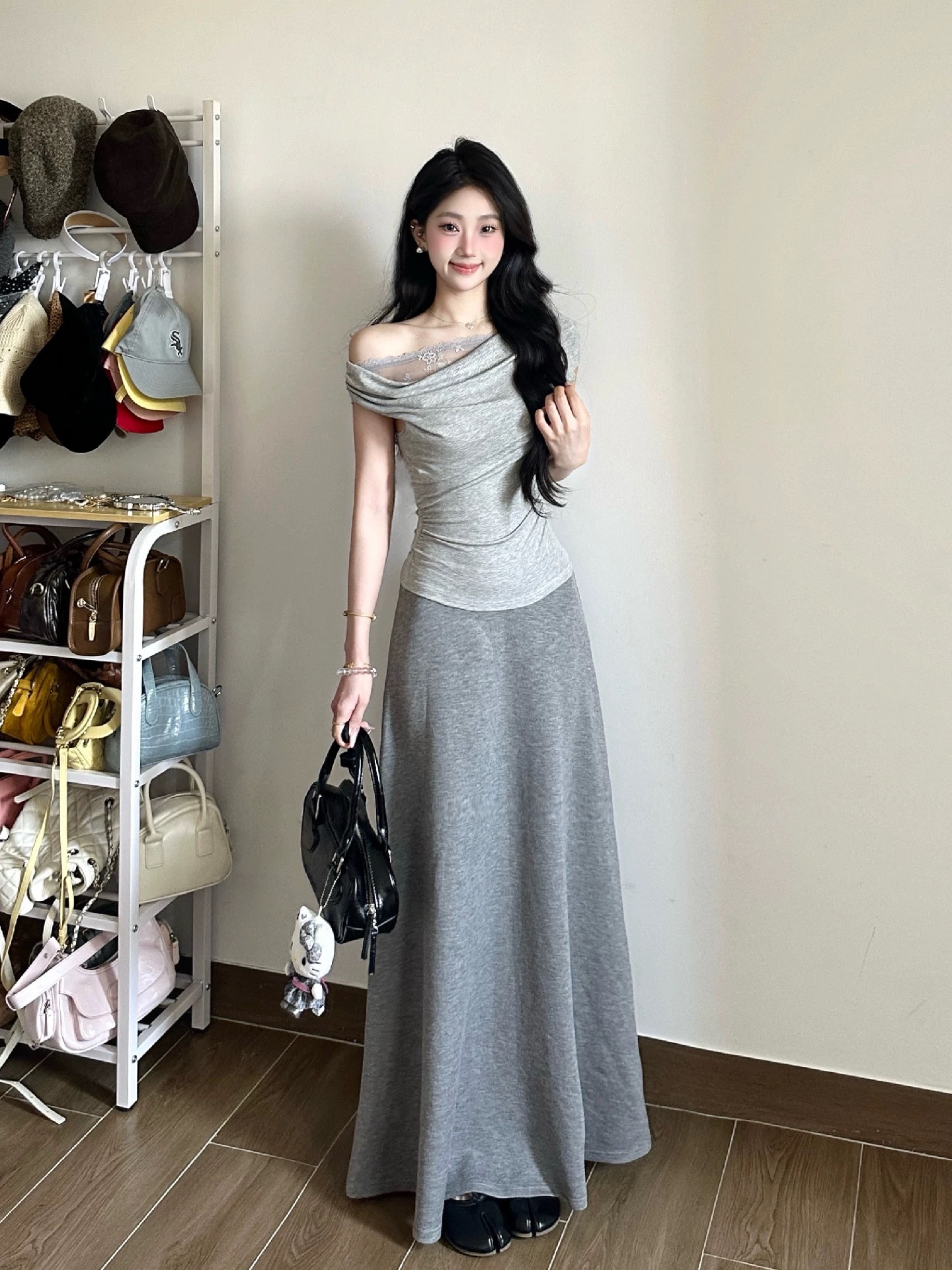 회색 비스듬한 어깨 오프숄더 프랑스식 드레스 아이들 여름 한 부서 그레이트 통해보기 가져 가라. 에이즈 환자 세트 아름다운 롱 스커트