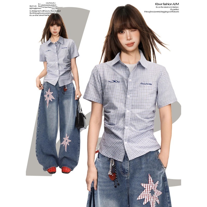 파란색 체크무늬 긍정적 인 어깨 반팔 여성 셔츠 여름 아메리칸 쇼트 스타일 몸매 가꾸기 POLO 칼라 반팔 셔츠 맨위