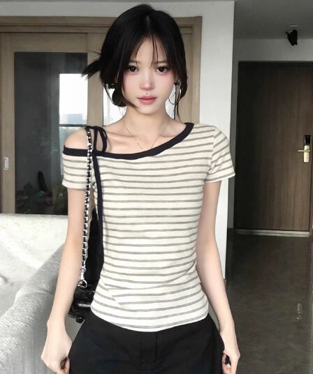 원본 컬러 짜임 기사 95 면 5 암모니아 Lun 스트라이프 비스듬한 어깨 반팔 티셔츠 여름 섹션 몸매 가꾸기 슬림해 보이는 디자인 센스 맨위
