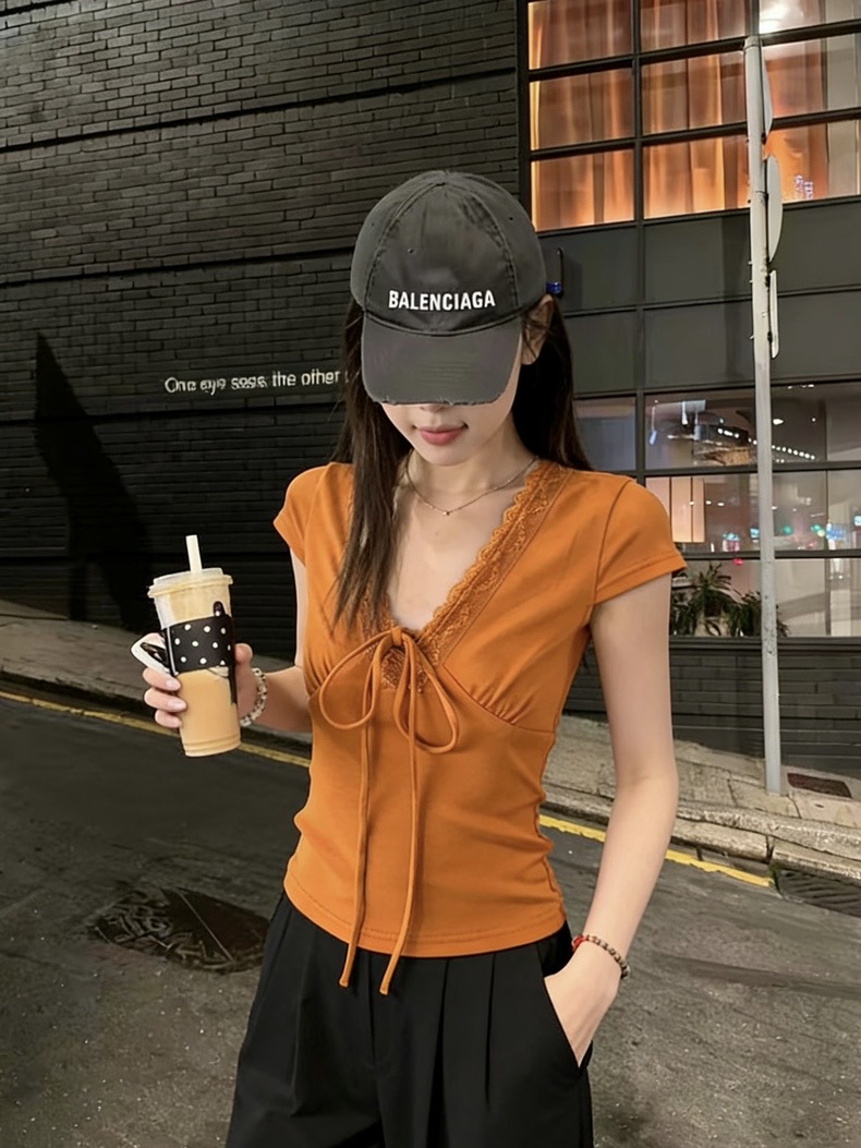 210 그램 순면 한 부서 레이스 레이스 V넥 스트랩 반팔 티셔츠 긍정적 인 어깨 몸매 가꾸기 여름 쇼트 스타일 핫걸 맨위