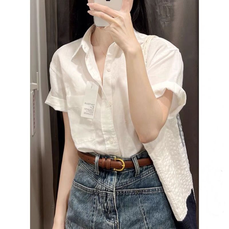100 순면 반팔 흰 셔츠 프랑스식 디자인 캐주얼 센스 작은 대중 여름 루즈핏 셔츠 고급 화이트 맨위