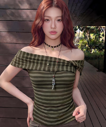 원본 원단 스트라이프 오프숄더 반팔 티셔츠 여성 여름 몸매 가꾸기 슬림해 보이는 오프숄더 맨위 레트로 핫걸 작은 셔츠