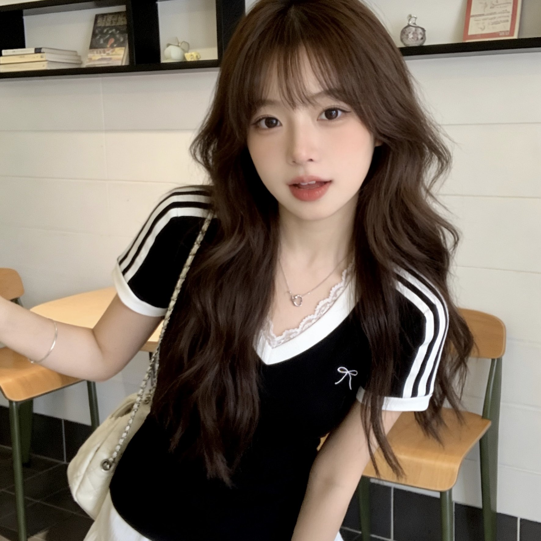 260 그램 사람들 면 V넥 긍정적 인 어깨 쇼트 스타일 허리 수축 반팔 티셔츠 여성 여름 자수 몸매 가꾸기 슬림해 보이는 핫걸 작은 맨위