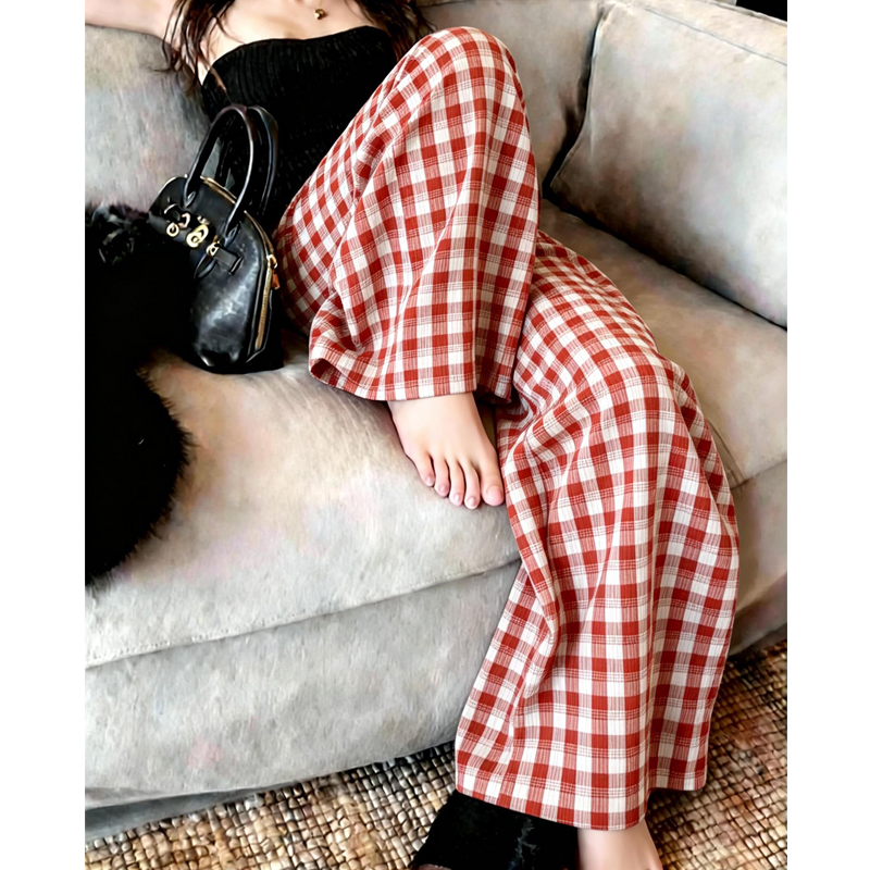 원본 그리드 주름 원단 빨간색 체크무늬 캐주얼 와이드 레그 팬츠 아이들 여름 새로운 루즈핏 와이드 레그 팬츠