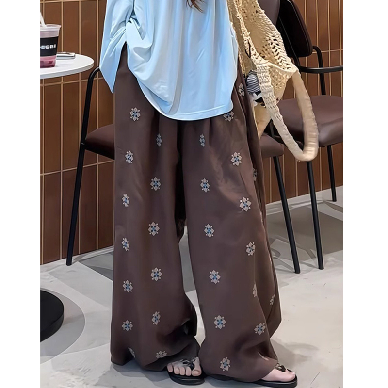 일본식 레트로 커피 색상 프린트 와이드 레깅스 바지 여름 새로운 하이웨이스트 도루 센스 디자인 센스 캐주얼 바지
