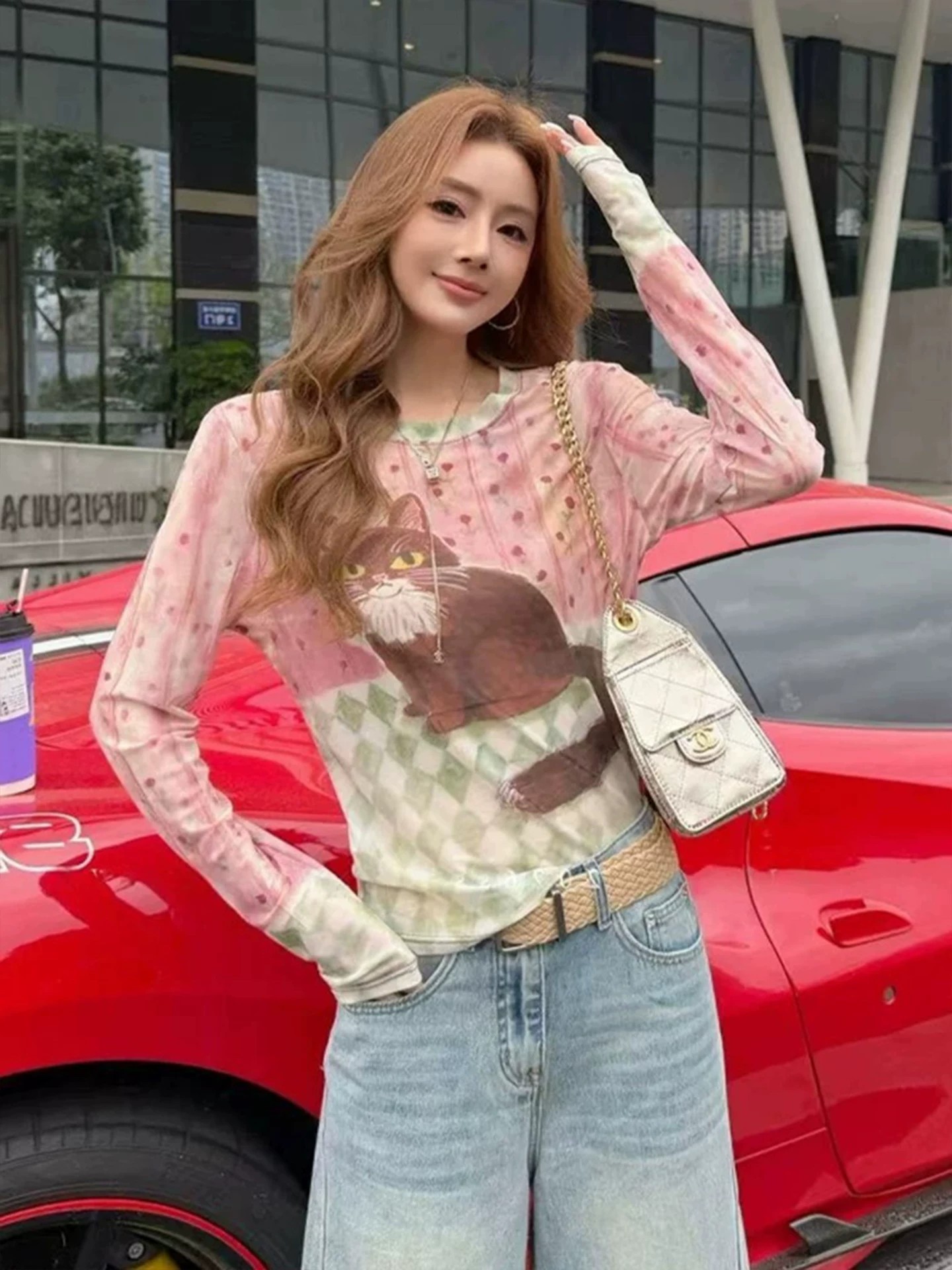 빅 사이즈 지방 mm 새끼 고양이 꽃무늬 이중층 망사 긴팔 티셔츠 여성 여름 새로운 슬림해 보이는 귀여운 기본 셔츠 맨위