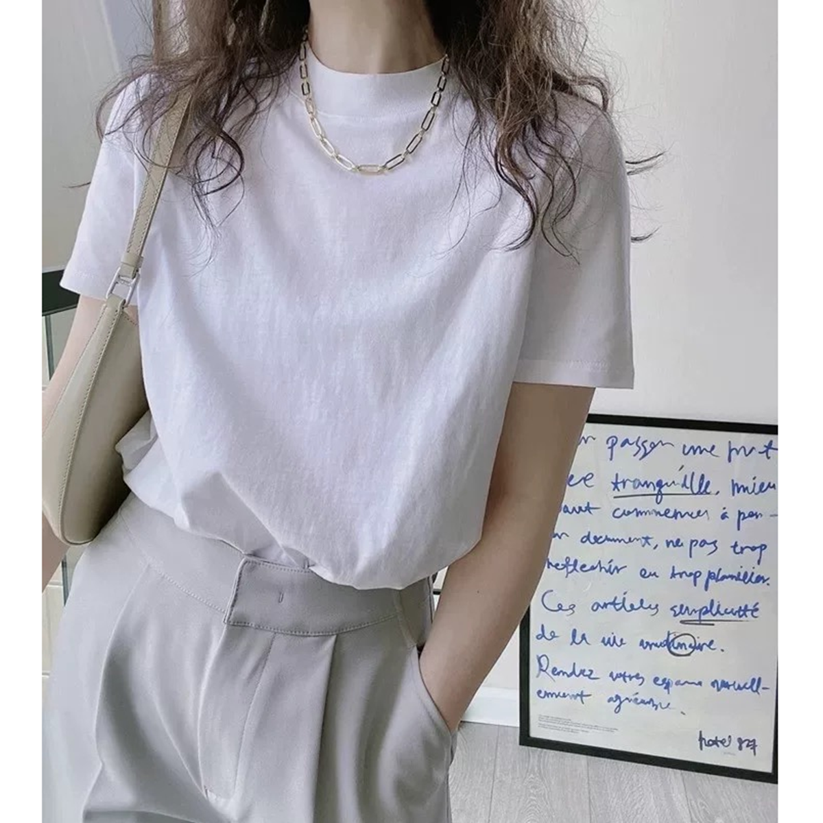 면 소재 화이트 반소매 긍정적 인 어깨 티셔츠 여성 여름 새로운 기초 섹션 작은 스탠드 칼라 반팔 맨위