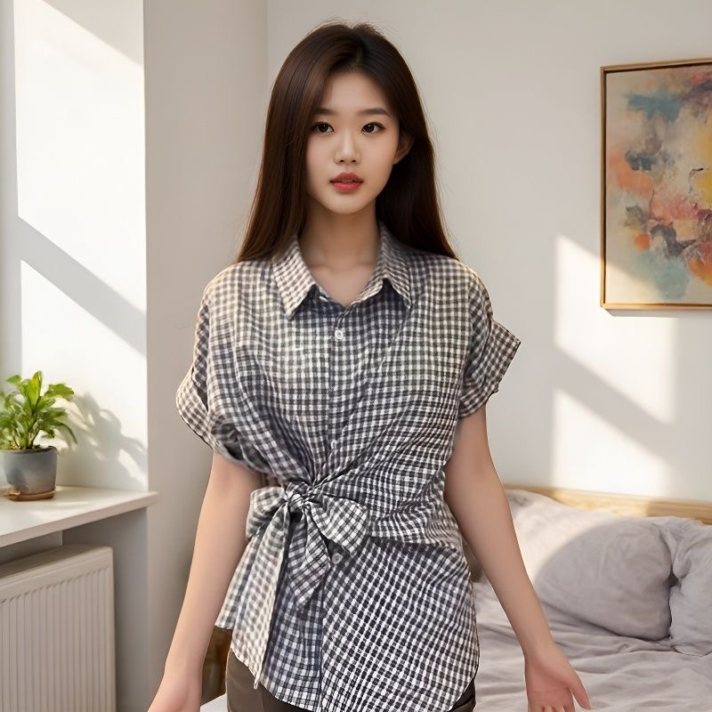 체크무늬 나비 매듭 스트랩 POLO 칼라 반팔 여성 셔츠 여름 작은 키 몸매 가꾸기 고급 캐주얼 맨위