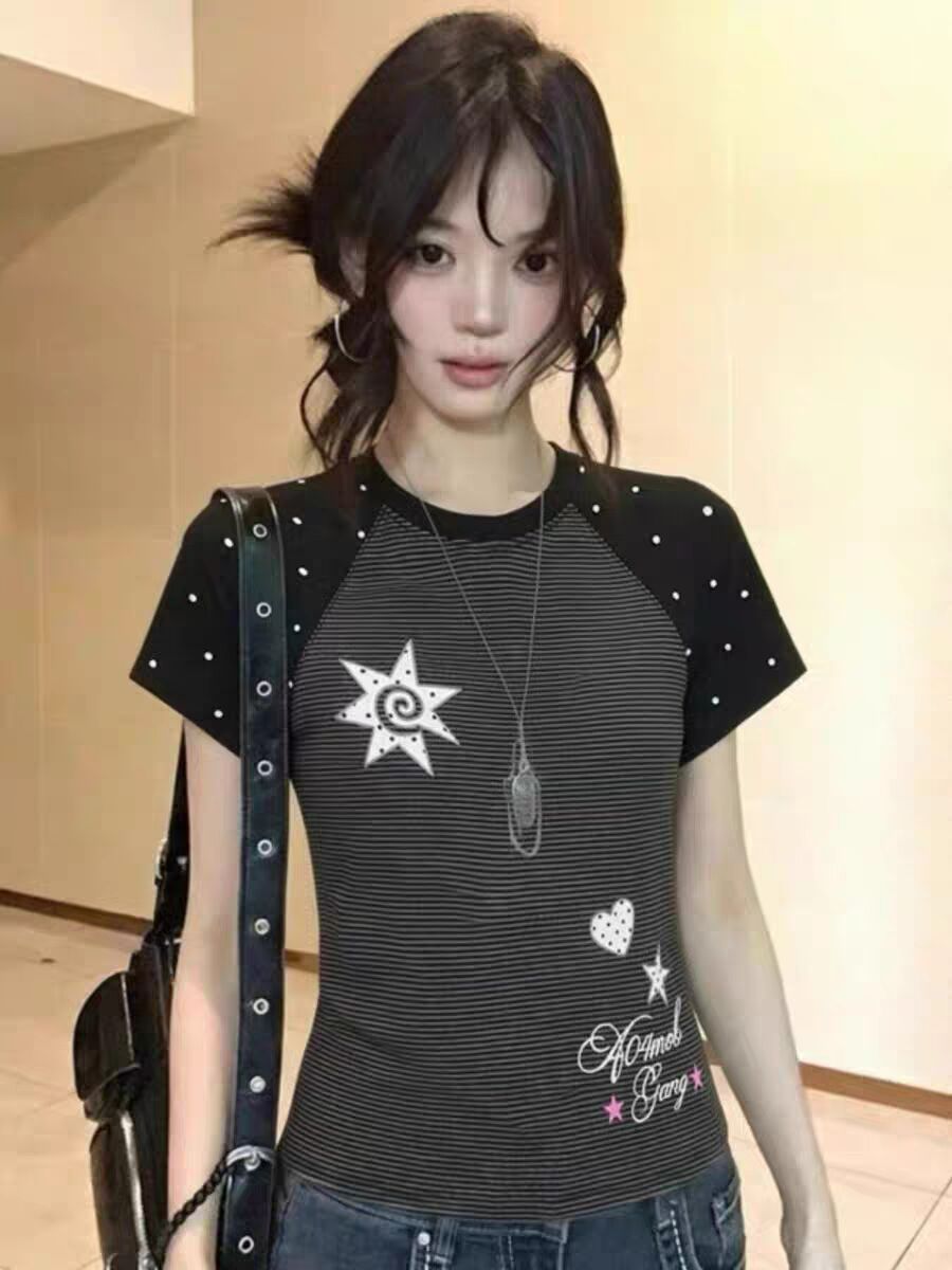 40 면 패치워크 원본 컬러 짜임 기사 검정색 스트라이프 도트 무늬 아메리칸 핫걸 반팔 티셔츠 여성