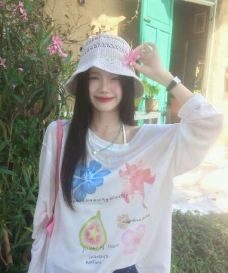 눈꽃 면 65 면 35 폴리에스터 165 그램 달콤함 도파민 작은 대중 자외선 차단 블라우스 티셔츠 여성