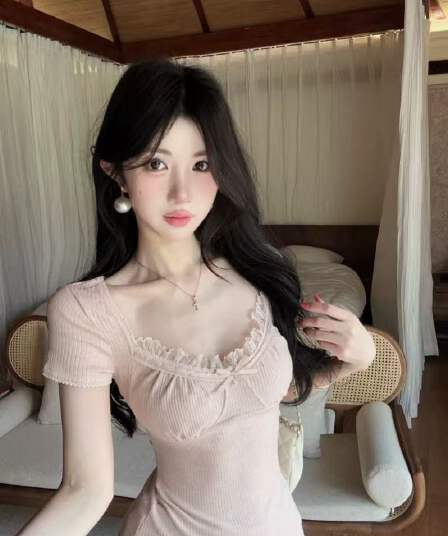 핑크색 나비 매듭 레이스 측면 광장 칼라 반팔 티셔츠 여성 여름 순수한 욕망 달콤한 핫걸 작은 맨위 자이언트 잘 생긴 아름다운