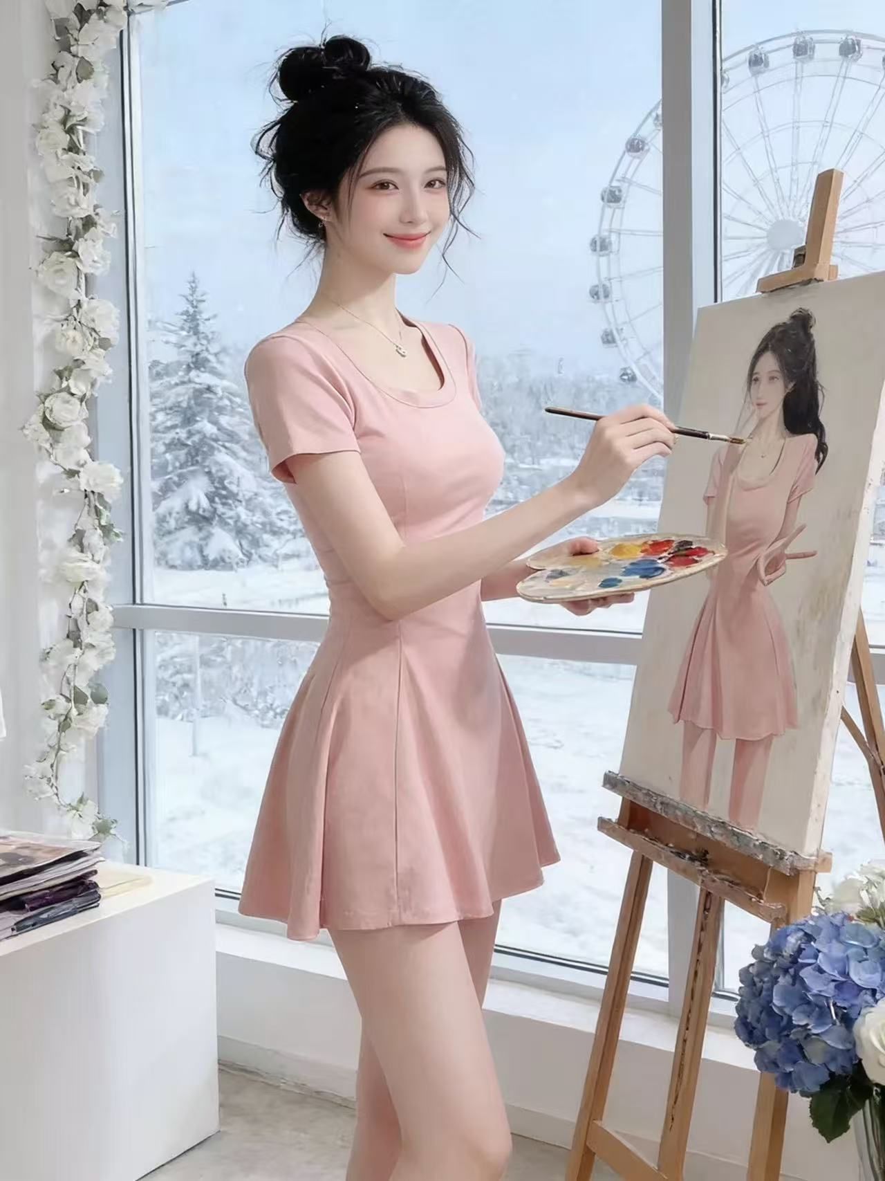 2026 자이언트 잘 생긴 봄 여름 반팔 디스플레이 몸 코치 점잖은 짧은 치마 대 u 칼라 디스플레이 가슴 섹시함 한 마디 드레스