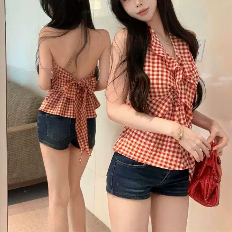 원본 원단 것 캐미솔 여름 새로운 아름다움 뒤로 빨간색 체크무늬 핫걸 민소매 행침 목 맨위 여성